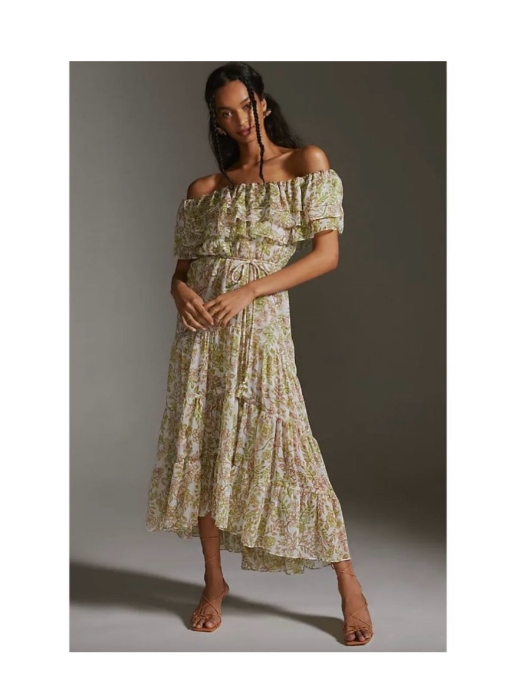 Misa Los Angeles Off-Shoulder Floral Maxi Dress In Light Green And Cream